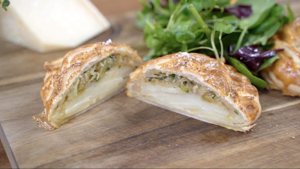 Potato tart, leek and onion wellington